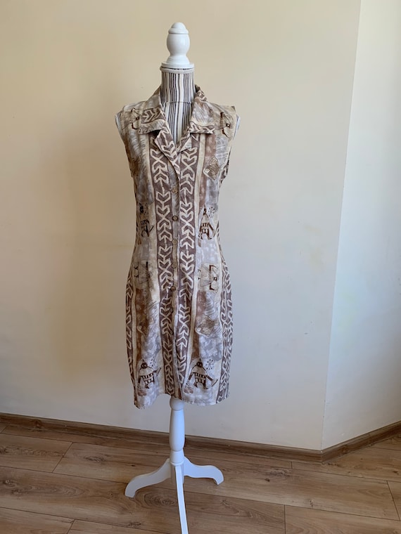 Vintage Sleeveless Summer Cotton Dress, Tribal Aztec Print Button Down Dress, 90s Collared Shirt Dress, Straight Fitted Midi Dress Size S