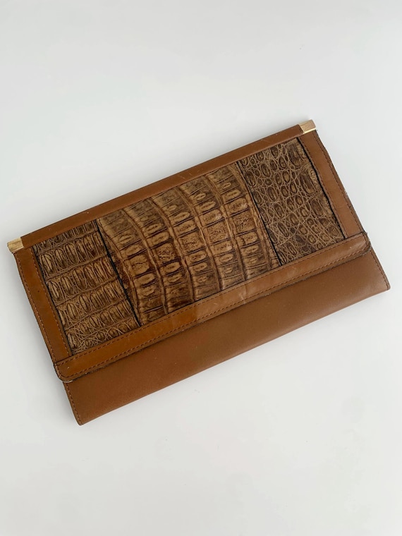 Vintage 70s Camel Brown Envelope Clutch Purse, Real Leather Clutch Bag, Genuine Leather Slim Clutch Wallet, Reptile Clutch, Retro Handbag