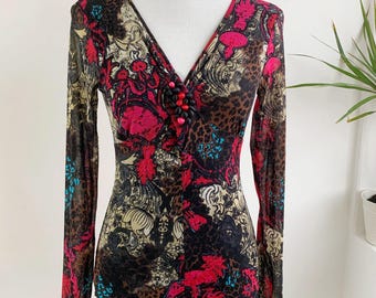 Blusa vintage de tul transparente de los años 90 para mujer, talla S/M, manga larga, cuello en V, superposición en negro, rosa, marrón y gris topo, malla transparente grunge.