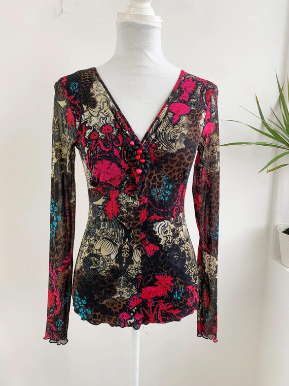 Vintage 90s Sheer Tulle Blouse for Women Size S M, Long Sleeves V Neck Overlay Top in Black Pink Brown Taupe, See Through Mesh Grunge Top