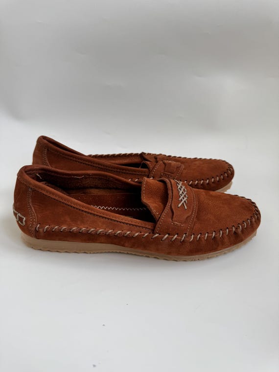 Vintage Brown Suede Moccasins Italian Leather Penny Loafers Whipstitch Flat Driving Shoes Dark Academia Slip Ons Made in Italy Size EU 40