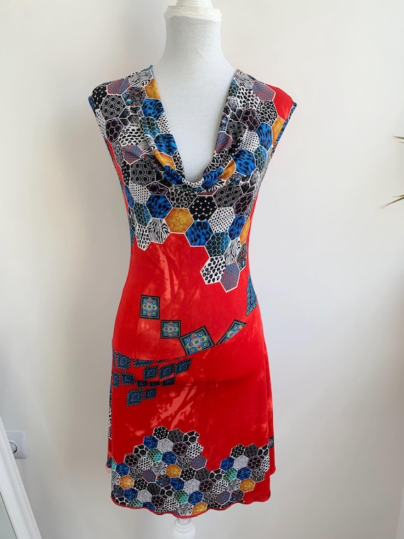 Vintage 90s Italian Colorful Red Summer Mini Dress One Size, Slim Fit Elastic Sleeveless Sundress, Plunge Neck Stretchy Jersey Day Dress