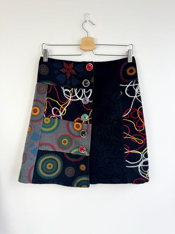 Vintage 90s Italian Patchwork Wool Mini Skirt, Boho Abstract Embroidered A-Line Skirt, Colorful Artistic Mixed Media Short Skirt Size M