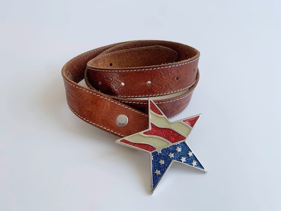 Vintage Brown Leather Belt for Women 95 cm/ 37", American Flag Star Buckle Distressed Tooled Leather Belt, Thin Waist Belt, Boho Skinny Belt