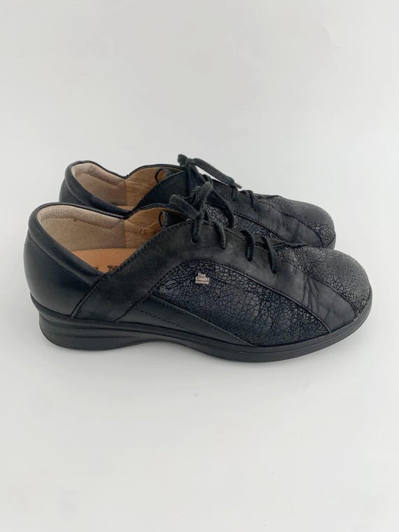 Vintage Black Leather Oxford Shoes, Lace Up Walking Shoes, Comfortable Low Wedge Shoes, Orthopaedic Loafers Women Size UK 4.5 EUR 37.5 US 7