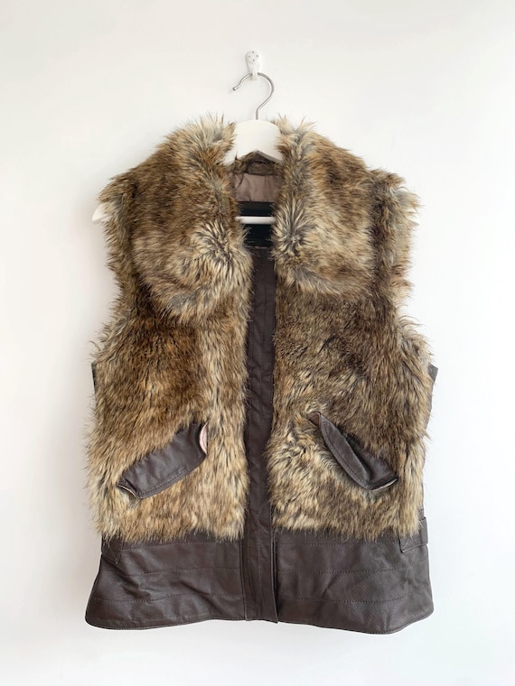 Vintage Brown Leather Sleeveless Jacket, Soft Real Leather Faux Fur Vest Size L, Zip Up Cropped Leather Vest, Collared Leather Waistcoat