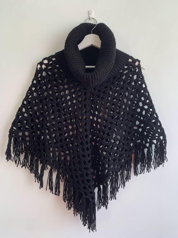 Vintage Black Turtleneck Poncho, Dickie Collar Poncho, Crochet Lace Pullover Shawl Wrap, Fringed Boho Knitted Cape, Fishnet Cowl Pullover