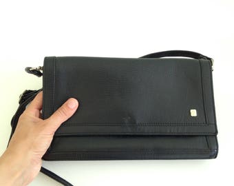 Black Leather Envelope Purse, Womens Satchel Bag, 80s Shoulder Bag, Slim Leather Purse, Natural Leather Vintage Handbag, Small Messenger Bag