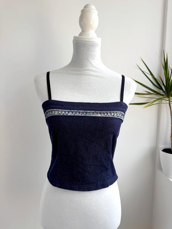 Y2K Rhinestone Denim Crop Top, Dark Navy Spaghetti Strap Cami, Embellished Bustier Bodice Top, Vintage 2000s Festival Edgy Cropped Tank S