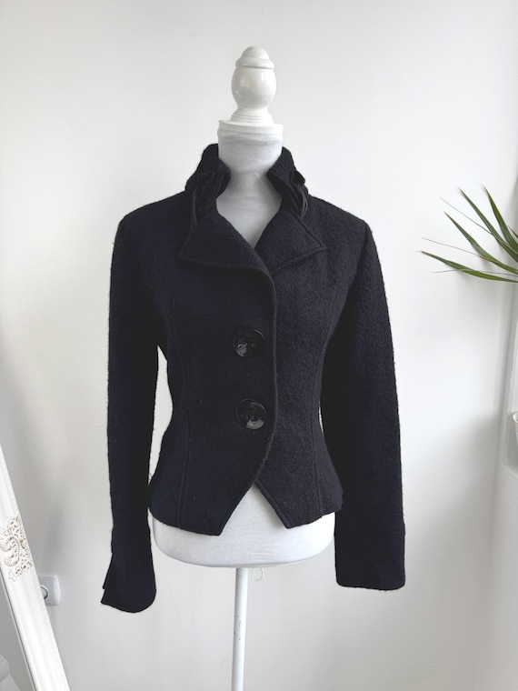 Vintage Italian Boiled Wool Jacket Size IT 44 M, Rosette Collar Black Cropped Wool Blazer, Romantic Goth Felted Cropped Coat Made in Italy