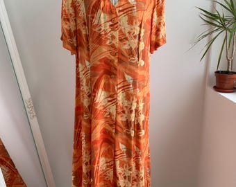 Robe longue vintage des années 90 taille M/L, robe boutonnée à fleurs jaune orange, robe chemise longue, robe soleil d'été, robe grunge à manches courtes