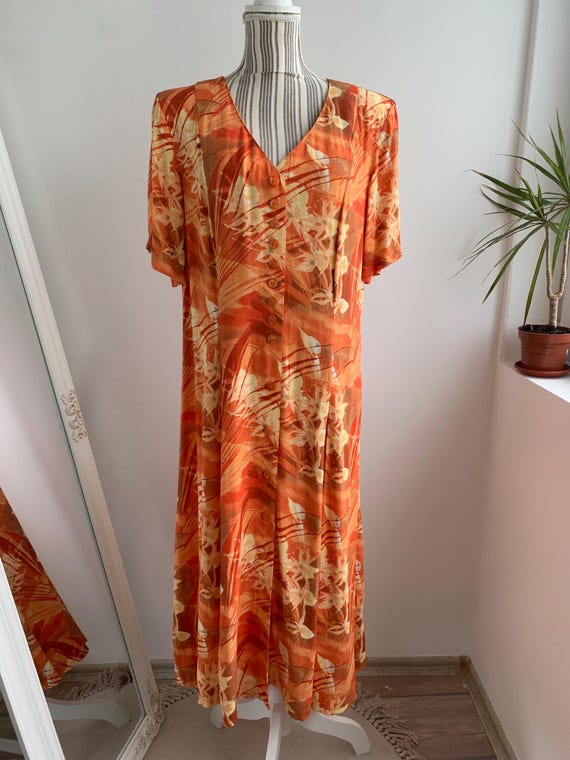 Vintage 90s Maxi Dress Size M/L, Yellow Orange Floral Button Front Dress, Long Shirt Dress, Summer Sun Dress, Short Sleeve Grunge Dress