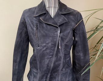 Veste en cuir grise vintage pour femme taille S M, veste de motard en cuir véritable, veste de moto en cuir effet vieilli, blazer court en cuir