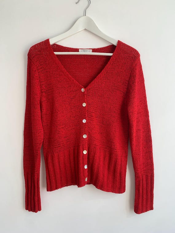 Vintage 90s Red Cardigan Size S M, Viscose Button Front Cardie, V Neck Knit Cardigan, Long Sleeve Knitted Sweater, Mother of Pearl Buttons