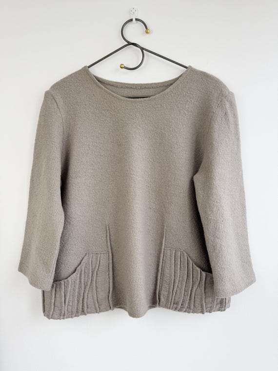 Vintage 100% Boiled Wool Sweater Top, Taupe Minimalist Pullover with Textured Pockets, Greige Boxy Wool Jumper Grey Beige Mid-Sleeve Blouse