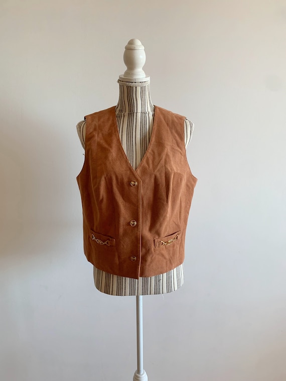 Vintage 80s Light Brown Faux Suede Button Front Waistcoat for Women Size M L, Gold Button Camel Formal Vest, Loose Fit Sleeveless Coat
