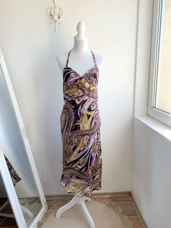 Vintage More & More Y2K Dress Size S/M, Pink Purple Brown Yellow Paisley Print Chiffon Halter Dress, Sleeveless Open Back Flowy Midi Dress