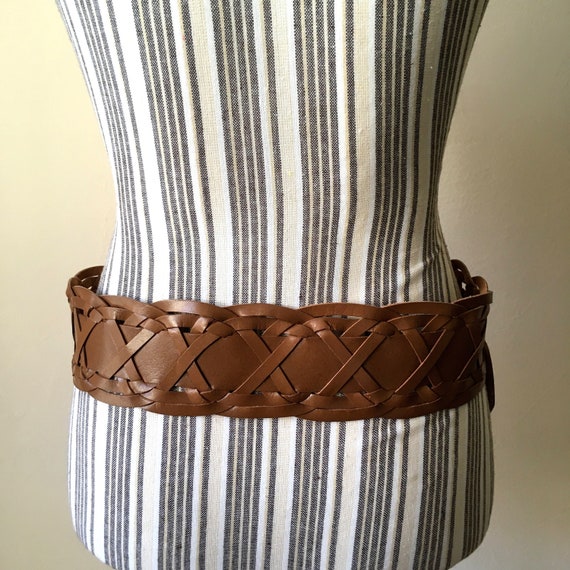 Y2K Wide Woven Brown Leather Tie-Waist Belt Boho Toffee Brown Women main image 2