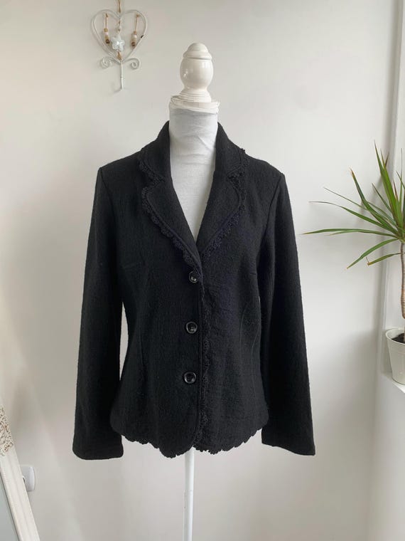 Vintage TARA Black Wool Blend Jacket, Crocheted Trim Sweater Blazer, Womens Size 38 / Medium, Elegant Fall Outerwear, Y2K Minimalist Coat