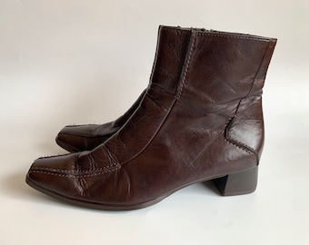 Vintage Braun Leder Stiefeletten, Karree Niedrige Blockabsatz Booties für Frauen Größe UK 4, US 6, EU 37, Y2K Paul Green Herbst Reißverschluss Stiefel