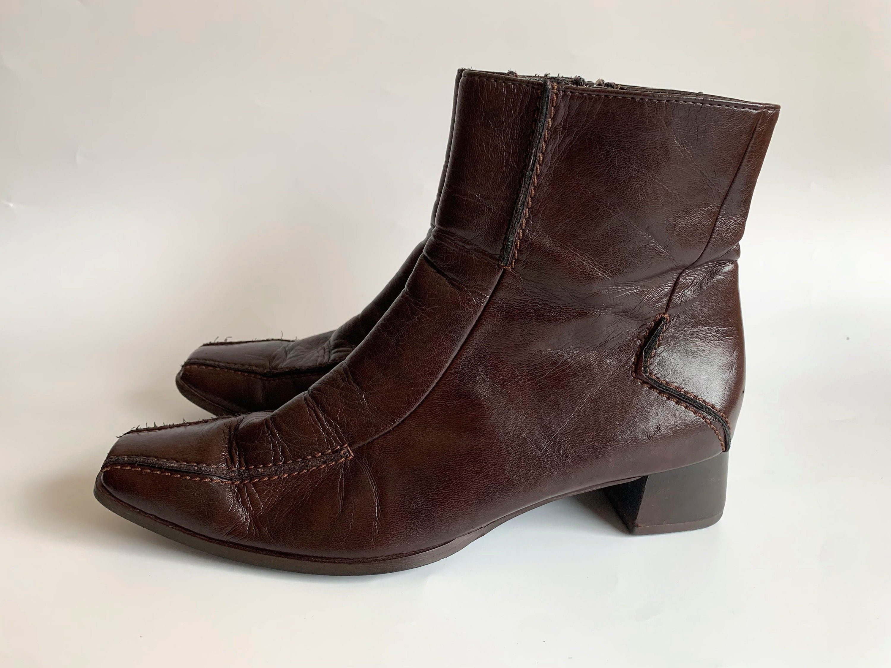 Vintage Brown Leather Ankle Boots, Square Toe Low Block Heel