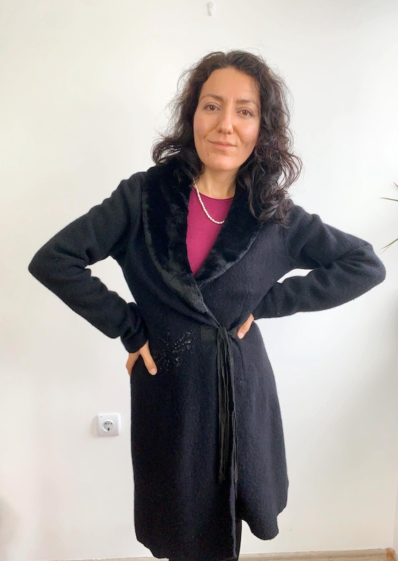 Vintage Black Pure Wool Wrap Cardigan Size M, Tweed Boucle Wrap Coat, Boiled Wool Midi Coat, Faux Fur Collar Spring Fall Unlined Overcoat
