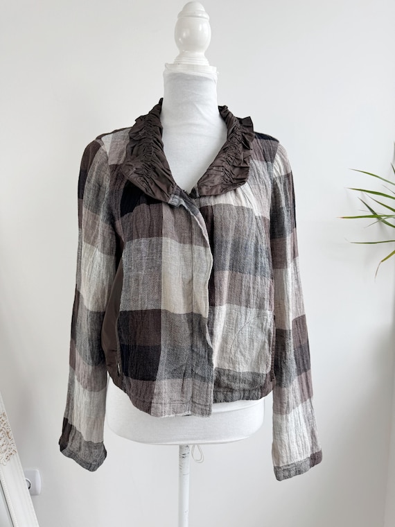Vintage Linen Jacket For Women Size EU 42 L by Carla du Nord, Brown Grey 95% Linen Plaid Jacket, Ruched Collar Zip Up Bomber With Pockets