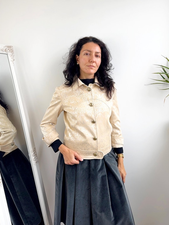 Vintage Project MODA Cropped Jacket Women's Size M, Italian Gold Brocade Blazer, Y2K 3/4 Sleeve Jacquard Coat, Cottagecore Light Academia