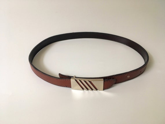 Brown Leather Belt for Women with Silver Tone Buckle, Tiny Waist Thin Leather Belt, Casual Waist Cincher, Dress Belt, 22" - 28", 57 - 72 cm