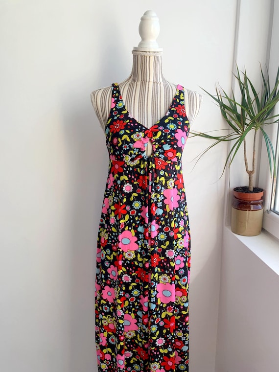 Psychedelic Floral Maxi Dress Size S, Vintage 60s 70s Stern-Maid Hostess Gown, Flower Power Pink Red Loungewear Hippie Boho Festival Gown