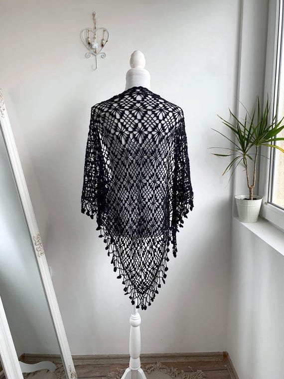 Black Cotton Crochet Lace Shawl with Tassels, Vintage Handmade Fringed Shoulder Wrap, Mesh Piano Shawl, Sheer See Through Triangle Scarf