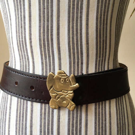 Elephant Buckle Women's Waist Belt, Animal Waist Cincher, Minimal Statement Dark Brown Belt with Brass Buckle, 85 cm / 33.5 "