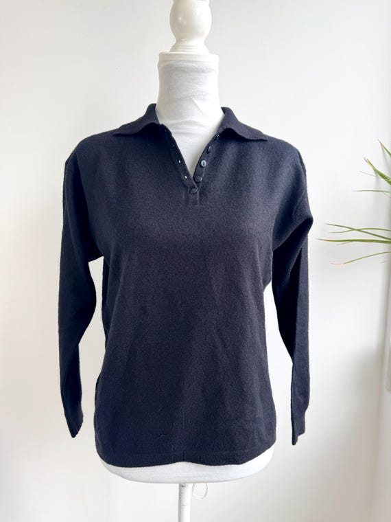 Vintage Black Knit Polo Sweater, 90s Button Up Long Sleeve Pullover, Classic Minimalist Aesthetic Jumper, Soft Knit Collared Top Women's M