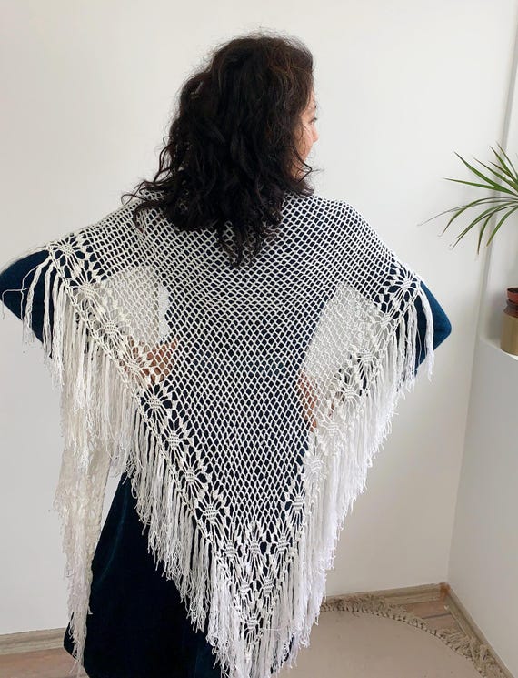 Vintage Lace Crochet Shawl with Tassels, White Fringed Boho Shawl, Soft Shawl Wrap, Large Bohemian Shawl, Mesh Oversized Scarf, Gift for Mom