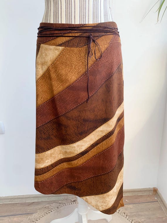 Camel Beige Brown Asymmetrical Midi Skirt for Women Size M, Vintage 90s Boho Hippie Side Slit Stretchy Skirt, Lace Up Patchwork Grunge Skirt