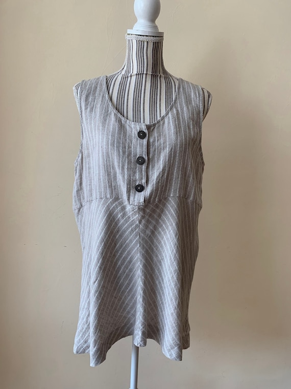 Vintage Pure Linen Top For Women Size L, Oversized Loose Fit Linen Shirt, Sleeveless Linen Blouse, Striped Linen Tunic Top, Light Grey Vest