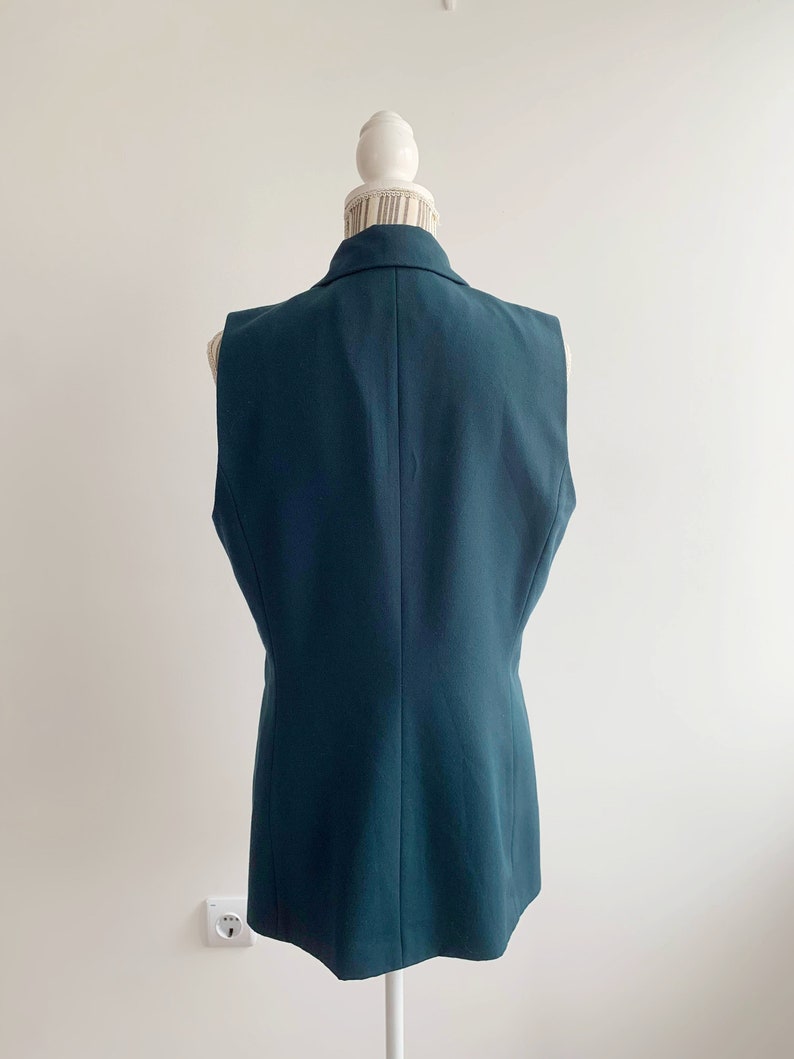 Turquoise Teal Blue Green Sleeveless Notched Collared Blazer Jacket For Women Size M L, 90s Preppy Elegant Business Office Vest Waistcoat image 9