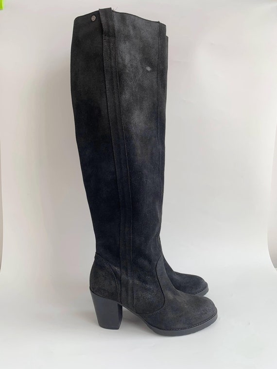 Black Suede Leather Thigh High Boots for Women Size EUR 37 UK 4.5 US 6.5, Vintage Slouchy Slip On Suede Boots, Over The Knee High Heel Boots