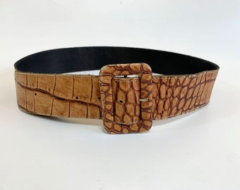 Tan Brown Leather Belt for Women, Mock Croc Reptile Embossed Genuine Leather Wide Waist Belt, Vintage 80s Rectangle Buckle Statement Belt