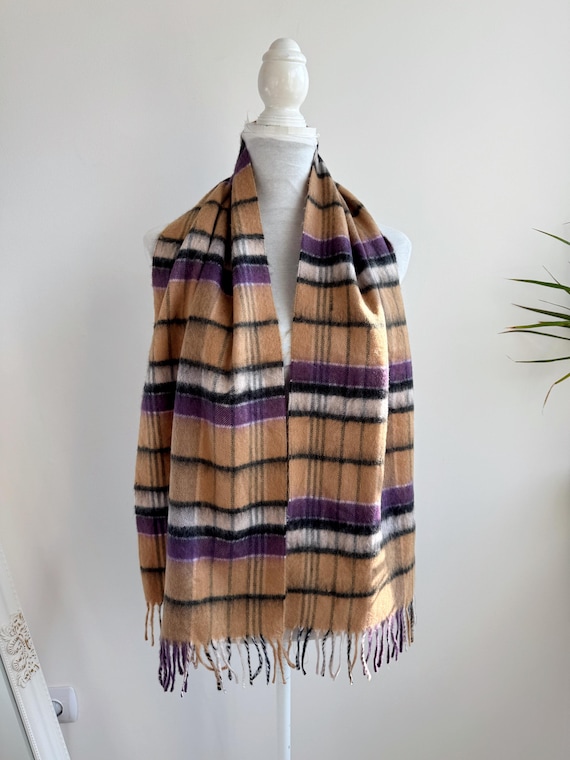 Vintage Soft Fluyffy Acrylic Wool Scarf, Camel Purple Black Checkered Tartan Scarf, Mod Plaid Winter Scarf, Cozy Unisex Neck Warmer