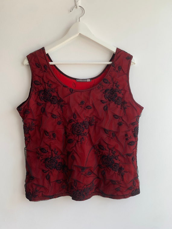 Red Bodice Crop Top Size L XL, Stretchy Floral Lace Corset Top, Sleeveless Overbust Bustier Vest, Vintage 90s Y2K Elastic Tulle Tank Top