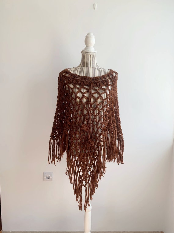 Vintage Brown Lace Crochet Poncho for Women, Chunk
