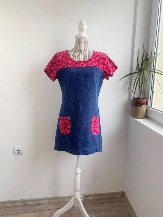 Vintage Y2K Denim Tunic Dress Size M L, Short Sleeve Denim Mini Dress, A Line Jean Dress with Pockets, Casual Cotton Blue Denim Day Dress