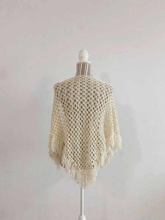 Vintage Ecru Crochet Lace Shawl with Tassels, Mesh Fishnet  Bohemian Shawl, Shabby Chic Cream Beige Fringed Shawl, Boho Triangle Shawl