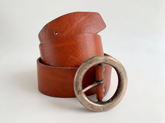 Vintage Wide Tan Leather Belt with Round Silver Buckle 95 cm 37", 90s Boho Chunky Waist Belt for Women, Genuine Leather Hippie Accessory
