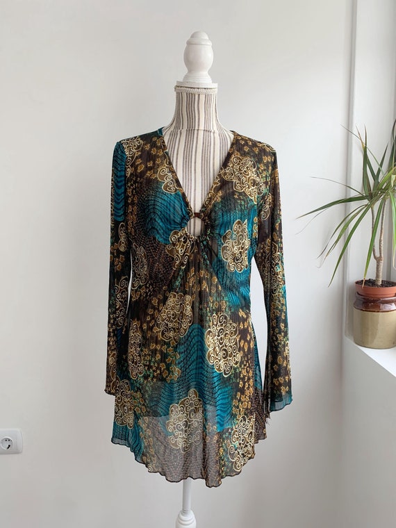 Vintage 90s Sheer Tulle Tunic Top Size L, Y2K 2000s Abstract Stretchy Mesh V Neck Blouse, Turquoise Blue Gold Brown Long Flare Sleeve Top