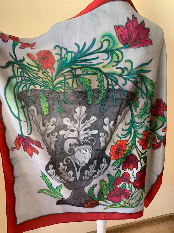 Vintage Pure Silk Scarf, Handpainted Silk Scarf, Large Square Scarf, Silk Neck Scarf, Floral Silk Shawl, Neckerchief 85 x 85 cm, 33 x 33"