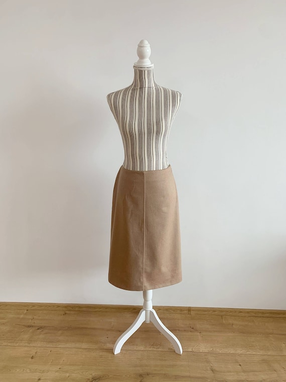 Camel Beige Wool Midi Skirt for Women Size S M, Vintage 90s Light Brown Pencil Skirt, Nude Taupe Below The Knee Mid Calf Mod Straight Skirt