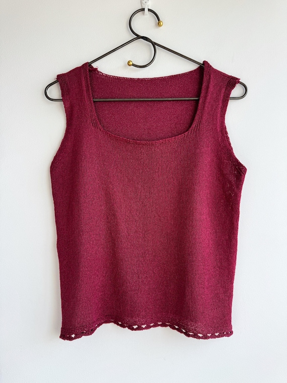 Vintage Italian Berry Red Knit Tank Top Size M/L, Square Neck Cotton Blend Knitted Vest, Y2K Sleeveless Summer Sweater, Boho Grunge Knitwear