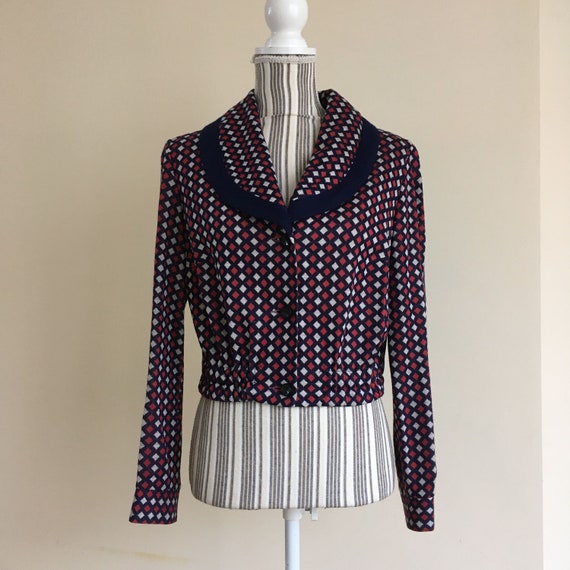 Vintage Cropped Blazer Jacket Size S, Red Blue White Unlined Short Blazer, Puff Sleeve Mod Cropped Coat, Geometric Pin Up Rockabilly Blazer